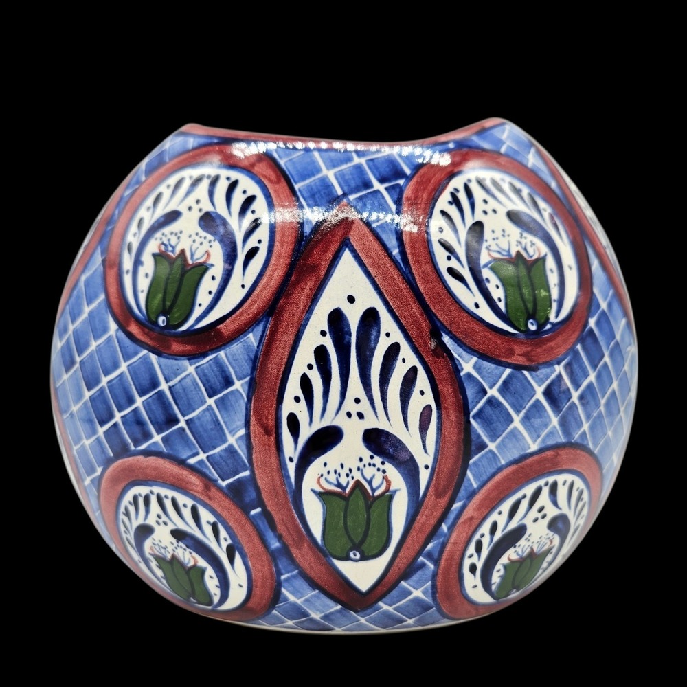 Mexican Folk Art Talavera Pottery Vase Round Geometric Floral Signed BMT Mex